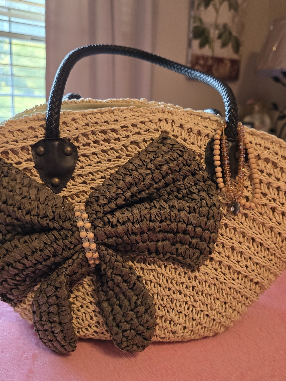 Woven Straw Tote with Brown Bow Accent